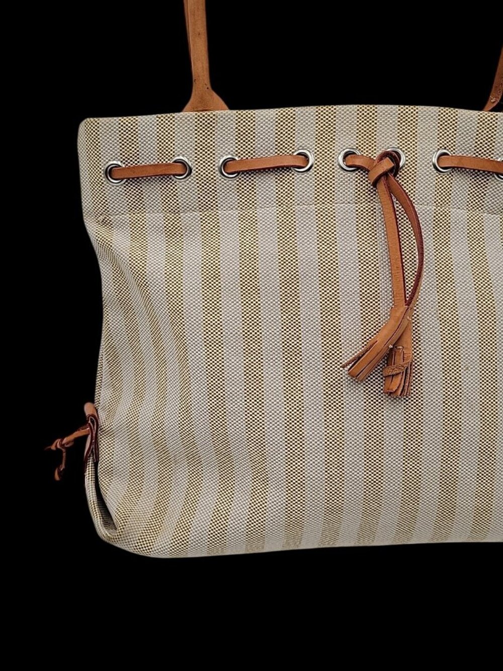 Vintage Dooney And Bourke Striped Tassel Tote Bag Leather Trip Beige & Creme - Picture 4 of 16